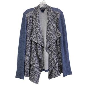 Lucky Brand Boho Open Draped Cardigan Size M Blue Gray Tweed Mix Media Pockets
